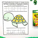 Free turtle writing worksheet showing the word “turtle” in uppercase and lowercase tracing format with a colored turtle.