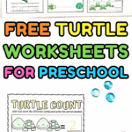 Collection of turtle worksheets for preschool including tracing, counting, color by number, and alphabet games.