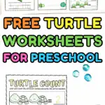 Collection of turtle worksheets for preschool including tracing, counting, color by number, and alphabet games.