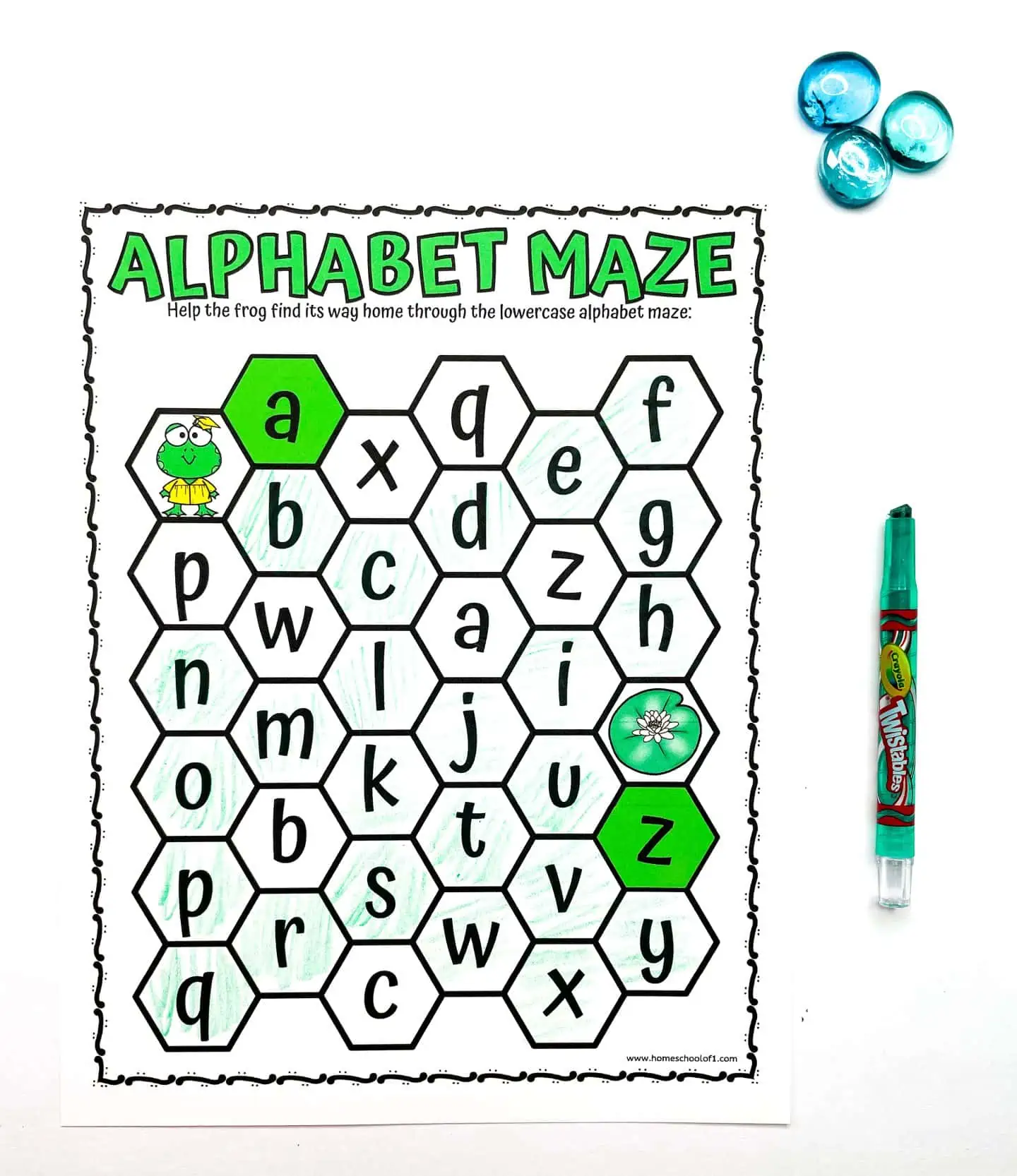 alphabet maze, get the frog through the alphabet to the lily pad