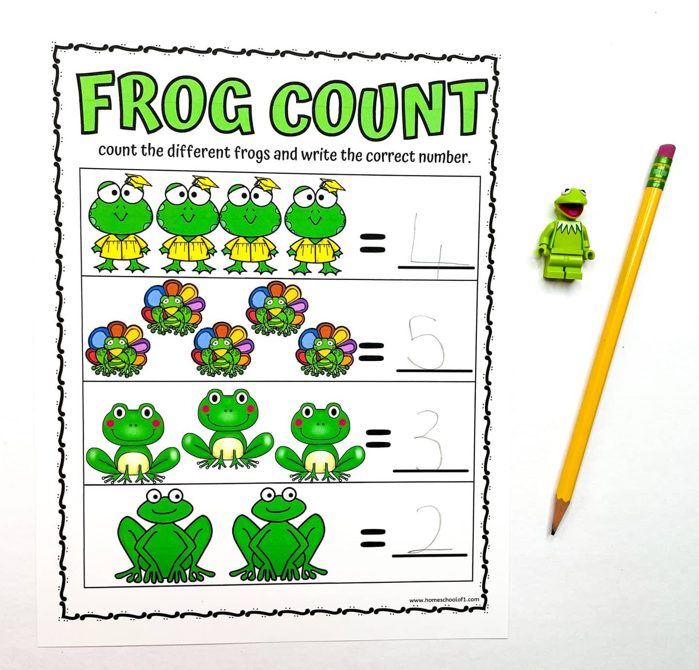 count the different types of frogs from 2 - 5