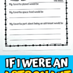 Printable if I were an astronaut writing prompt for kids with space illustrations and writing lines for creative answers.