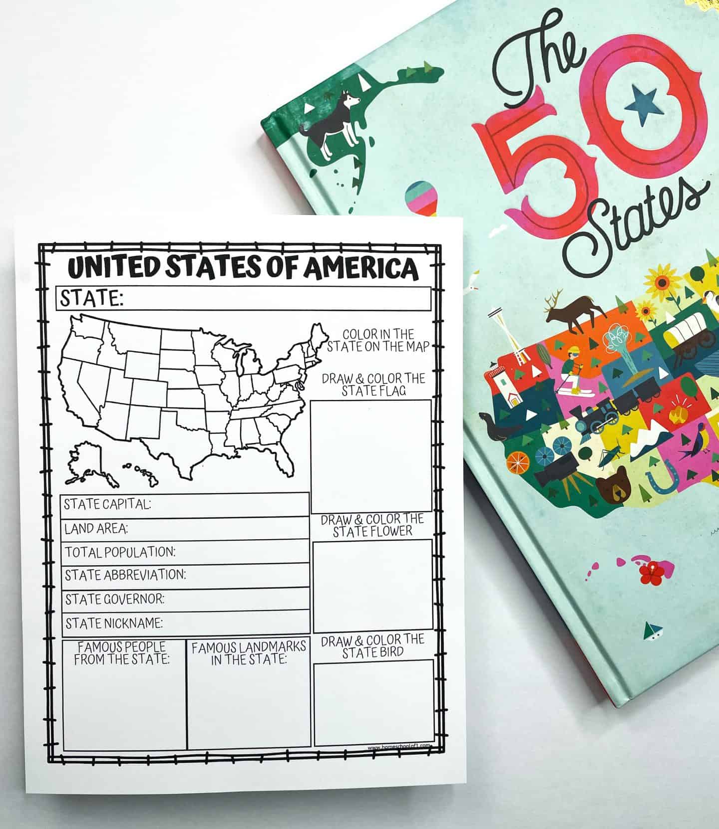 A blank “United States of America” state facts worksheet is placed next to a brightly illustrated children’s book titled The 50 States. The printable includes a map of the U.S. and fill-in-the-blank sections for students to record information like the state capital, land area, population, abbreviation, governor, nickname, famous people, landmarks, and drawings of the state flag, flower, and bird.

