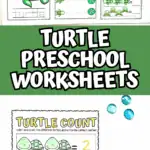 Printable turtle counting worksheet for preschool featuring groups of turtles to count and color.