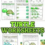 Preview of six printable turtle worksheets for preschool, including color by number, alphabet maze, letter recognition, tracing, and counting.