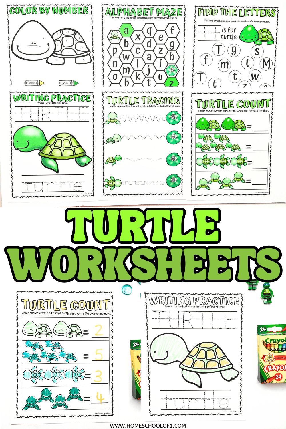 Preview of six printable turtle worksheets for preschool, including color by number, alphabet maze, letter recognition, tracing, and counting.

