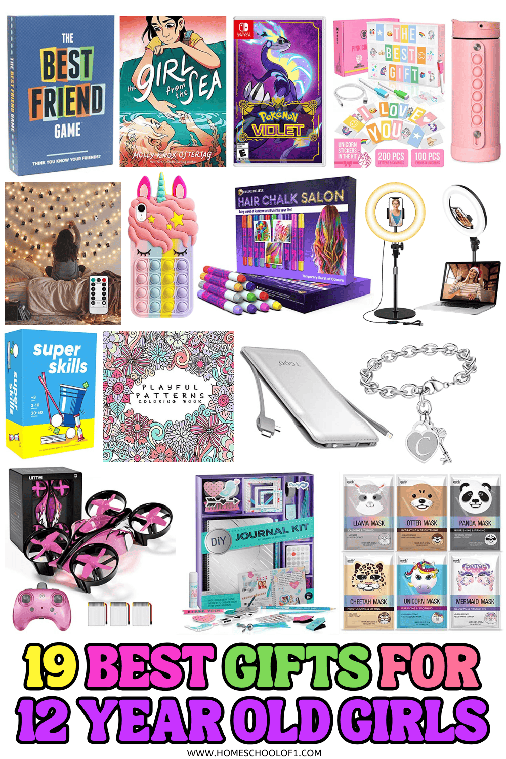 Colorful collage featuring the best gifts for 12 year old girls, including books, games, tech, crafts, and fun tween-approved accessories.