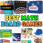 Colorful collage featuring a variety of educational math board games for kids, arranged around bold text reading “Best Math Board Games.” Games shown include titles like "Mathemagical World," "Sums in Space," "SMATH," "Yahtzee," "Adsumudi," "Prime Climb," "PROOF!," "Count Your Chickens!," "Rummikub," "Shelby's Snack Shack," "Race to Infinity," "Head Full of Numbers," "Clumsy Thief," "Pizza Fraction Fun," "Möbi," and "Blobby’s Pizza." The games focus on different math concepts like addition, subtraction, multiplication, fractions, and number recognition.