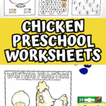 Preschool chicken worksheet collage with bold text “Chicken Preschool Worksheets” and images of tracing and color by number pages.