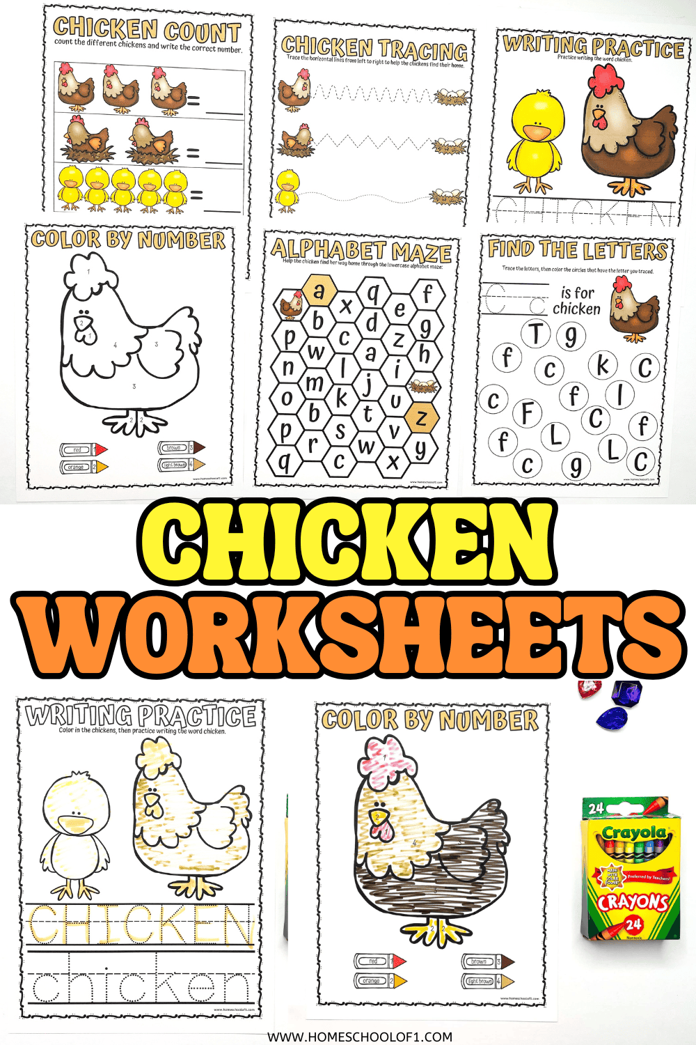 A collage of six chicken-themed preschool worksheets including counting, tracing, alphabet maze, and color by number activities.

