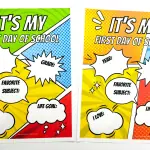 A pair of 'First Day of Homeschool' signs with vibrant comic book-inspired graphics in yellow, blue, and red, with speech bubbles for personalizing 'YEAR,' 'GRADE,' 'FAVORITE SUBJECT,' and 'LIFE GOAL.' The background displays a beaded necklace framing the page.