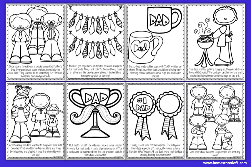 Father's Day coloring pages printable, with diverse sheets celebrating dads through fun illustrations, ideal for a creative Father's Day activity.