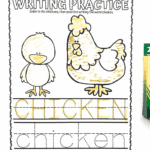 Close-up of a chicken writing worksheet showing uppercase and lowercase tracing lines and colored-in chickens.