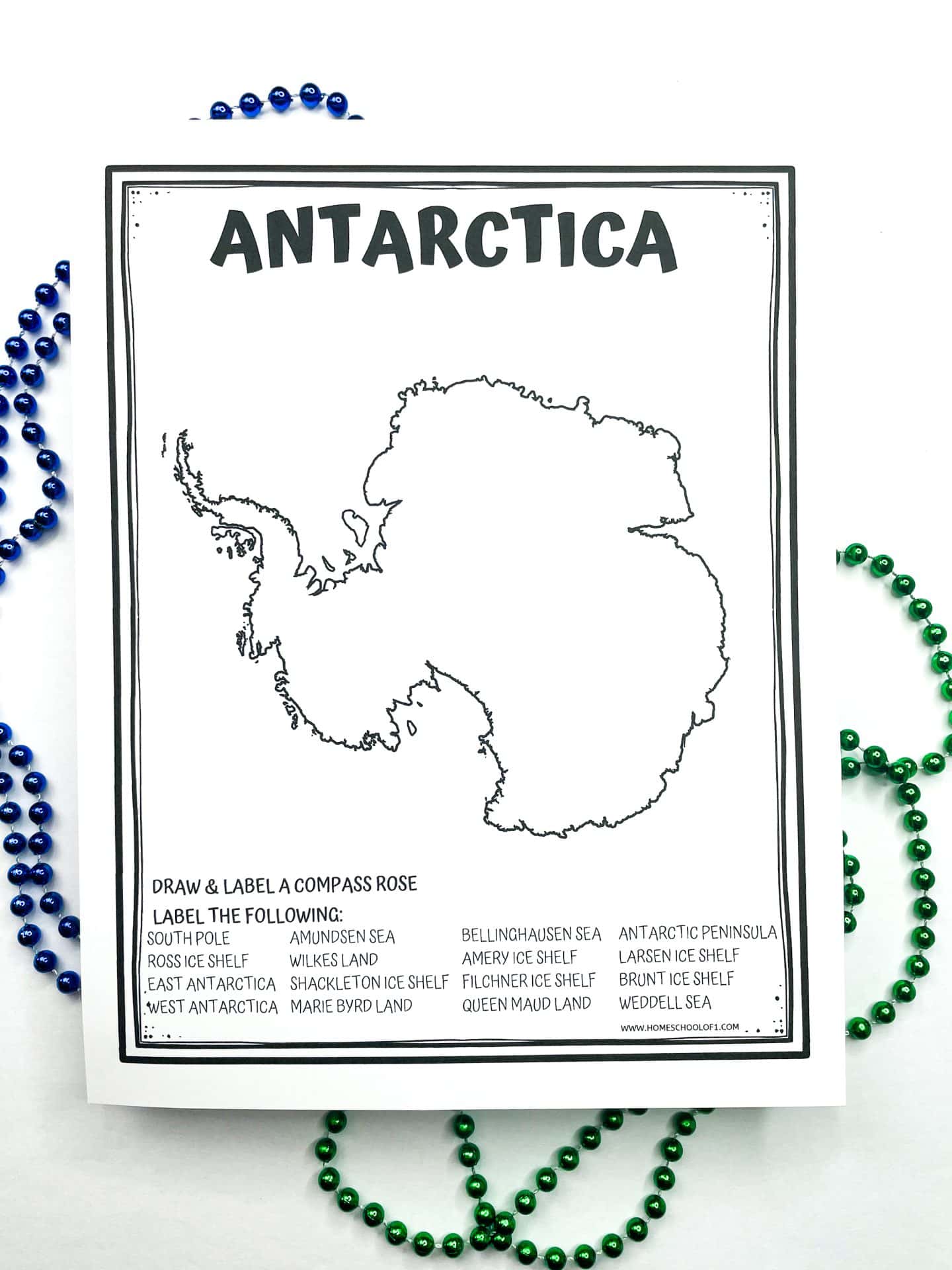 Printable Antarctica map worksheet for kids featuring a blank outline of the continent with a prompt to draw a compass rose and label 18 geographic features like the South Pole, Weddell Sea, and Ross Ice Shelf.