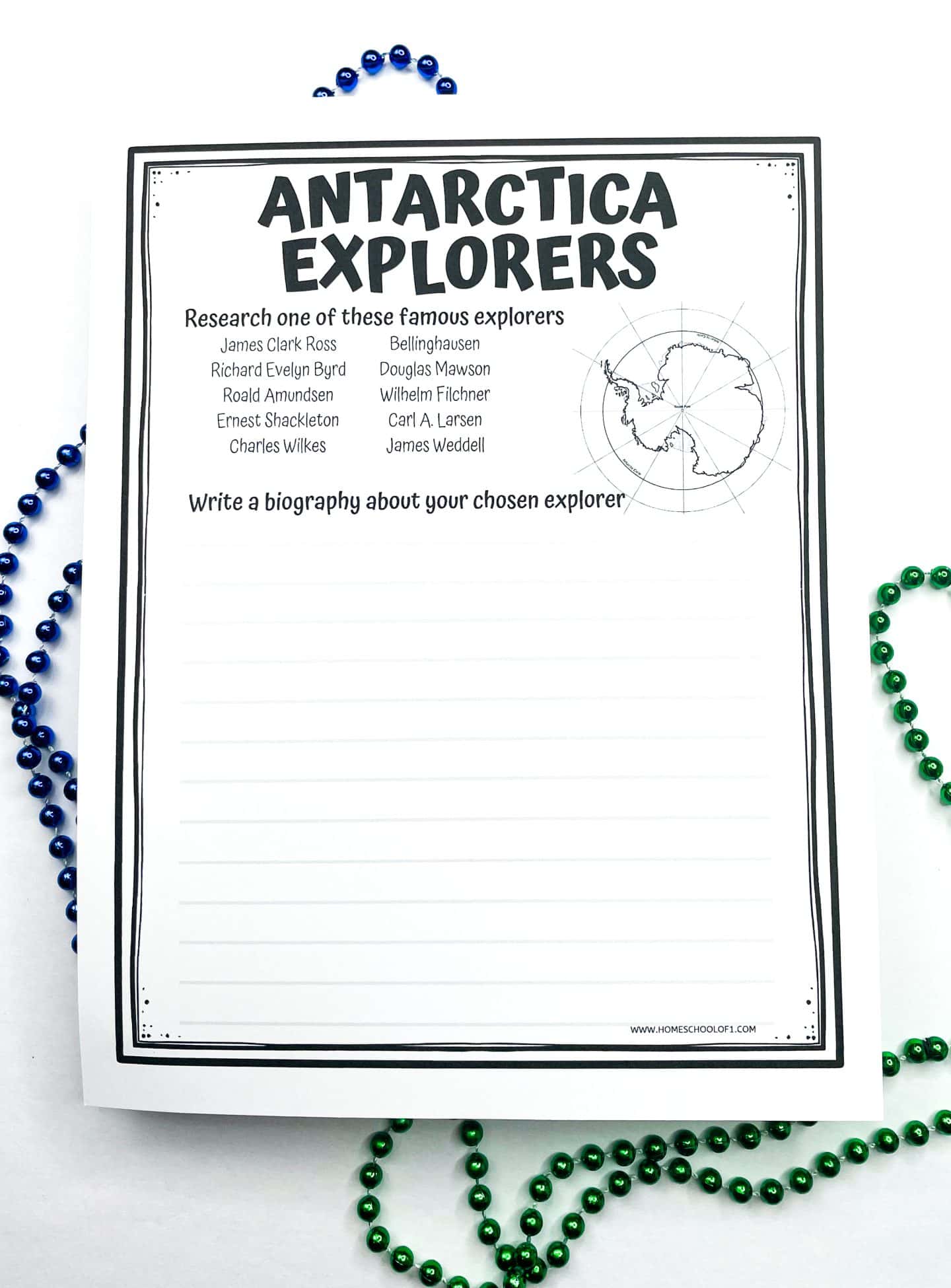Printable “Antarctica Explorers” worksheet for kids with a list of notable explorers to research, such as Roald Amundsen and Ernest Shackleton, and lined space to write a short biography, shown with green and blue beads.