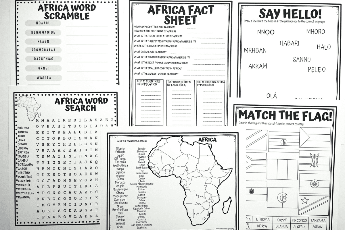 Preview of black and white printable Africa continent worksheets for kids, including a word scramble, fact sheet, language matching activity, country map labeling, word search, and flag matching activity. Each worksheet is designed to be educational and interactive.