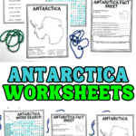Image features a bold header reading “ANTARCTICA WORKSHEETS” above a collage of three printable pages: a word search, a fact sheet with questions, and a map of Antarctica to label. The pages are surrounded by green and blue bead necklaces.