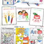 Back to homeschool printables for kids including scavenger hunt, preschool crafts, alphabet tracing, and coloring sheets.