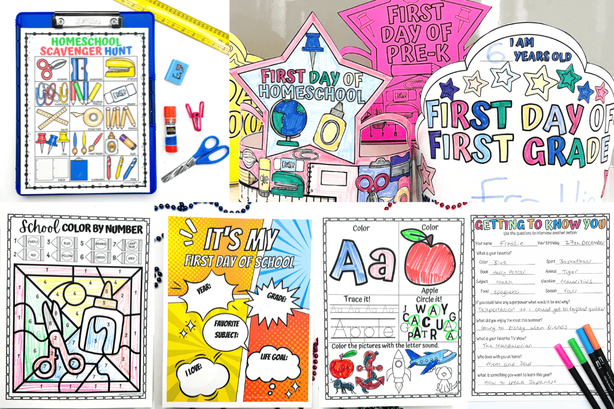 First day of homeschool activities including scavenger hunt, color by number, student interviews, alphabet tracing, and fun hats.