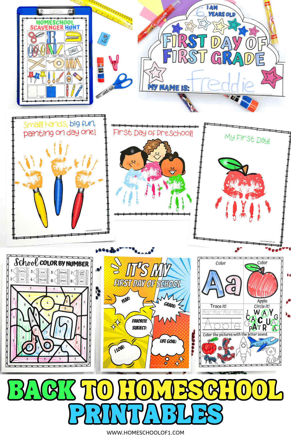Back to homeschool printables for kids including scavenger hunt, preschool crafts, alphabet tracing, and coloring sheets.

