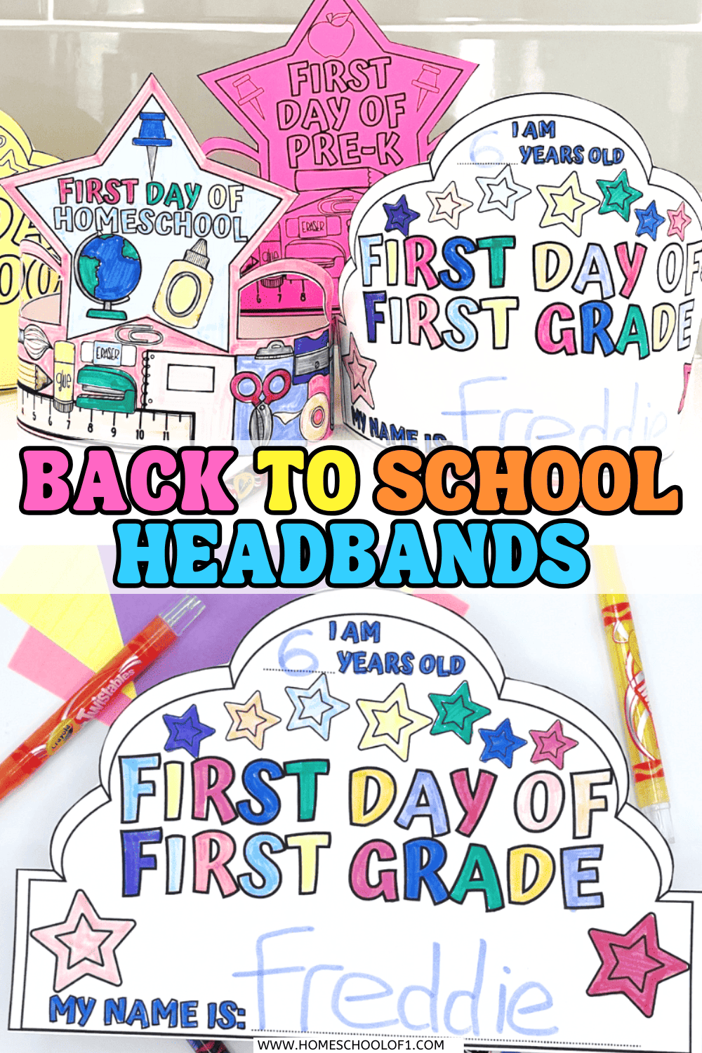 Printable back to school headbands for pre-K, homeschool, and first grade with fun designs and space to write name and age.