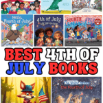 A colorful collage titled “Best 4th of July Books,” showcasing nine children's book covers about Independence Day, including titles like F is for Flag, Lady Liberty's Holiday, My Fourth of July, 4th of July ABC Adventure, and The Night Before the Fourth of July. The center of the image features large, bold text in red, white, and blue: “Best 4th of July Books.”
