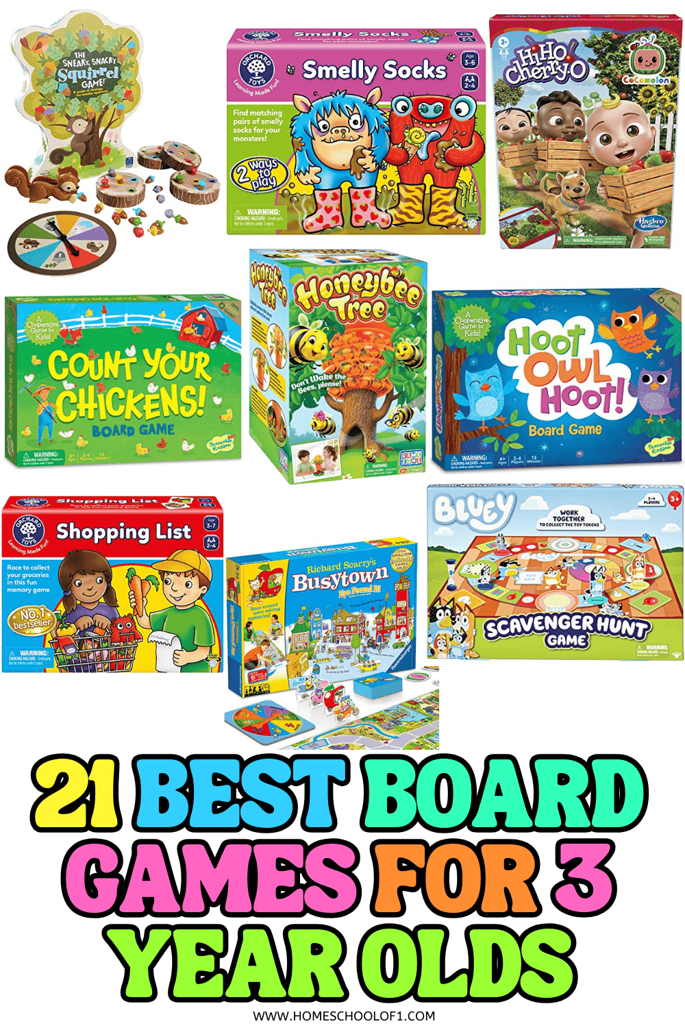 Collage of the best board games for 3 year olds featuring Hi Ho Cherry-O, Sneaky Snacky Squirrel, Count Your Chickens, and Bluey Scavenger Hunt.

