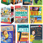 Collage of fun and popular books for 7-year-old boys, featuring humor, adventure, facts, and early chapter book series.