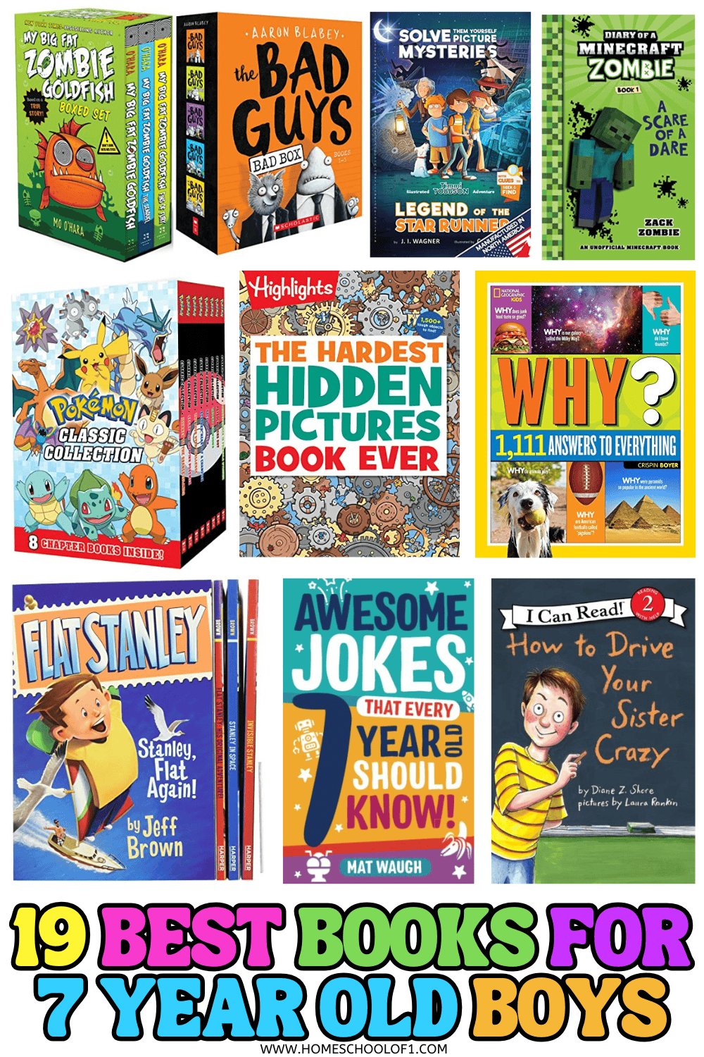Collage of fun and popular books for 7-year-old boys, featuring humor, adventure, facts, and early chapter book series.