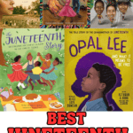 collage of Juneteenth children’s books with the same titles, arranged above bold red and green text that reads "Best Juneteenth Books for Kids."