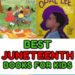 A collage of children’s books about Juneteenth, featuring covers of "Come Juneteenth," "The Night Before Freedom," "What is Juneteenth?," "The Juneteenth Story," "Opal Lee and What It Means to Be Free," "Juneteenth Jamboree," and "A Flag for Juneteenth." Bright text below reads "Best Juneteenth Books for Kids" in green and red.