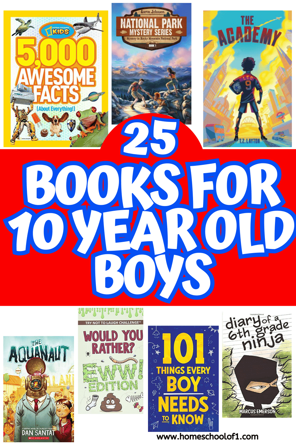 A bright and colorful image featuring the covers of popular books for 10-year-old boys, with bold text in the center reading “25 Books for 10 Year Old Boys.” Highlighted titles include 5,000 Awesome Facts, National Park Mystery Series, The Academy, The Aquanaut, Would You Rather? Eww Edition, 101 Things Every Boy Needs to Know, and Diary of a 6th Grade Ninja. The image promotes engaging, adventurous, and humorous reads for middle-grade readers.