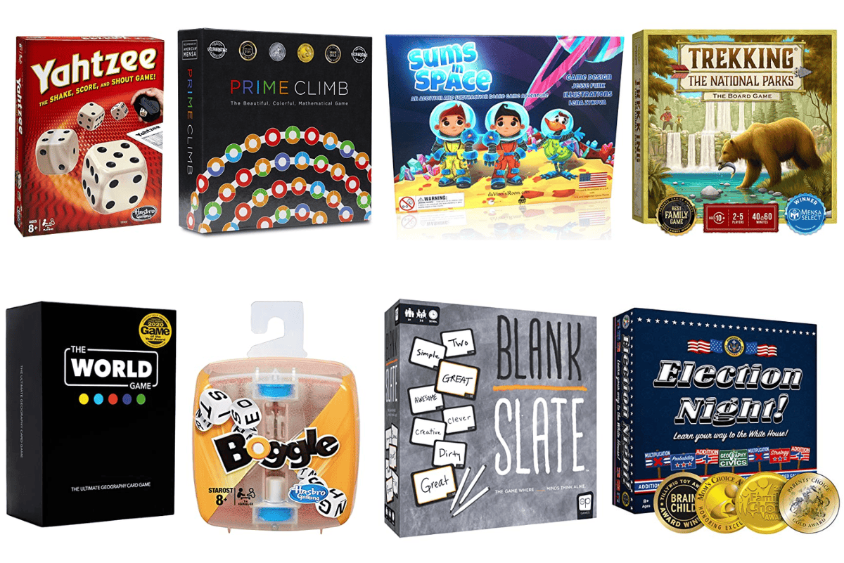 Collage of educational board games for kids including Yahtzee, Prime Climb, Sums in Space, Trekking the National Parks, Boggle, Blank Slate, The World Game, and Election Night used for learning through play.