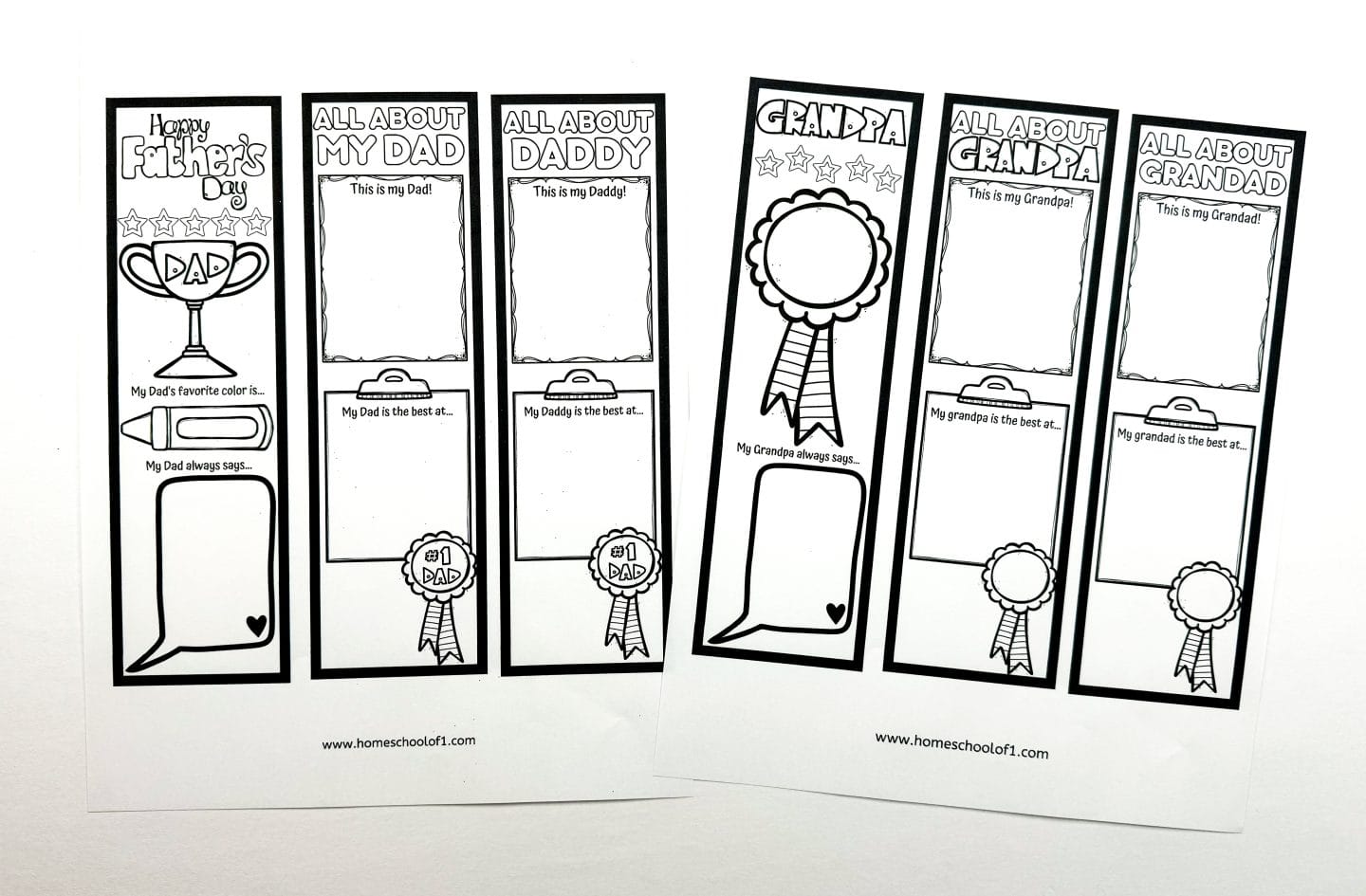 Black-and-white printable Father’s Day bookmarks designed for kids to personalize. Each bookmark includes prompts like “My Dad’s favorite color is…”, “My Dad is the best at…”, and “My Grandpa always says…”, with designs for Dad, Daddy, Grandpa, and Grandad, each featuring stars, ribbons, and simple illustrations. Perfect for coloring and gifting.
