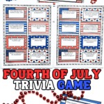 Patriotic Fourth of July trivia game printables are shown on a white background, accompanied by red and blue bead necklaces. Questions include “How many colonies declared their independence from Britain on July 4, 1776?” and “Which national symbol represents freedom and is often associated with the 4th of July?”