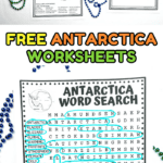 Image showing a collection of free printable Antarctica worksheets for kids, including a word scramble, word search, explorer biography sheet, map labeling activity, and fact sheet. Blue and green bead necklaces decorate the scene.
