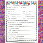 An image of a completed 'Getting to Know You' worksheet with handwritten responses by a child named Freddie, set against a vibrant, psychedelic background pattern.