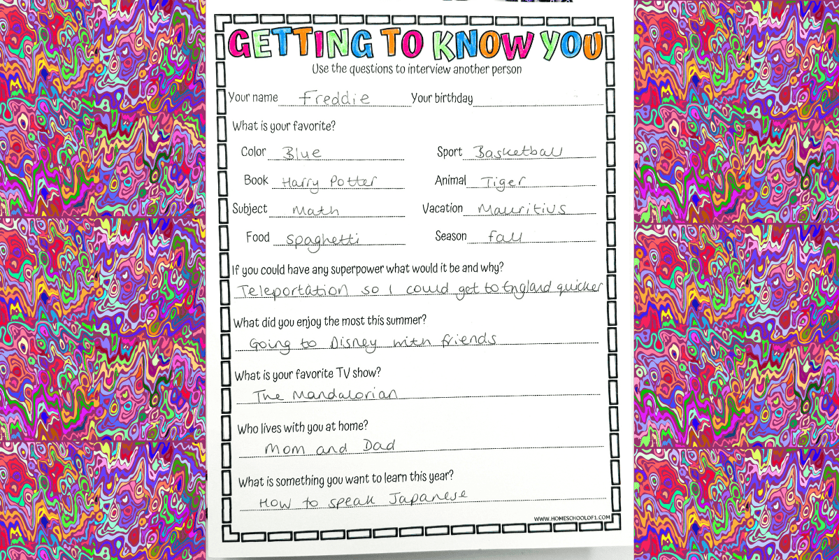 An image of a completed 'Getting to Know You' worksheet with handwritten responses by a child named Freddie, set against a vibrant, psychedelic background pattern.