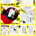 Collage of free Halloween printables for kids including coloring pages, puzzles, a treasure hunt clue, Halloween Scattergories, and counting worksheets on a colorful spooky background.