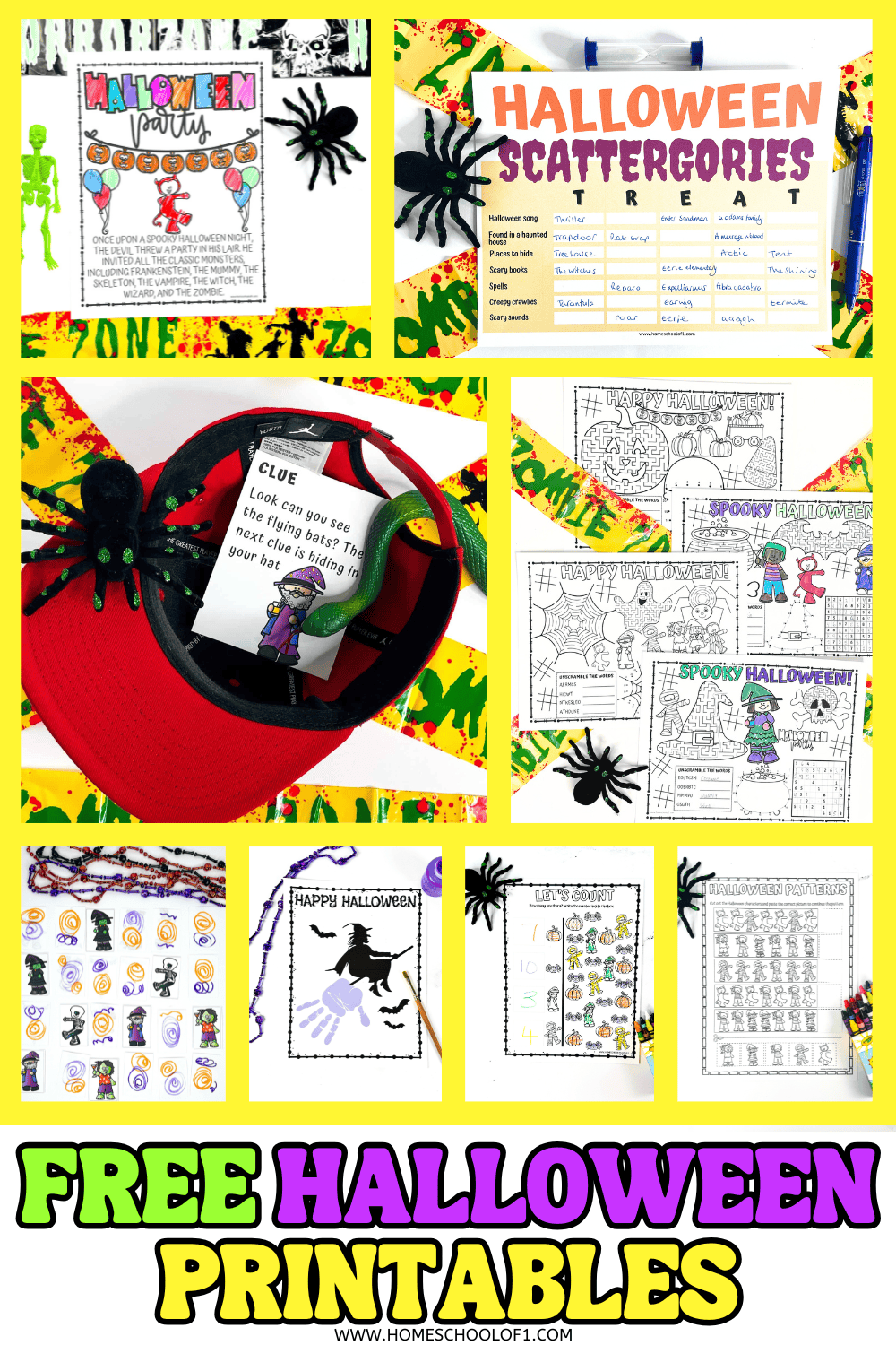 Collage of free Halloween printables for kids including coloring pages, puzzles, a treasure hunt clue, Halloween Scattergories, and counting worksheets on a colorful spooky background.

