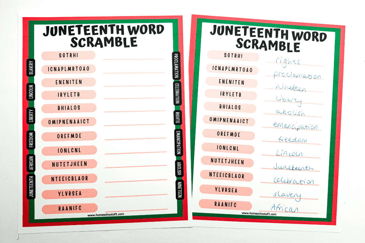 Two copies of a Juneteenth word scramble activity, one filled out with answers. The sheet includes scrambled terms related to the holiday such as 'LIBERTY' and 'EMANCIPATION', with a decorative green and red border
