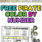 Collection of 9 pirate-themed color by number worksheets for kids, including images of pirates, a parrot, a treasure map, a pirate ship, and a treasure chest.
