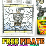 Completed pirate color by number worksheet featuring a pirate ship with skull and crossbones, alongside play coins and a 24-pack of Crayola crayons.