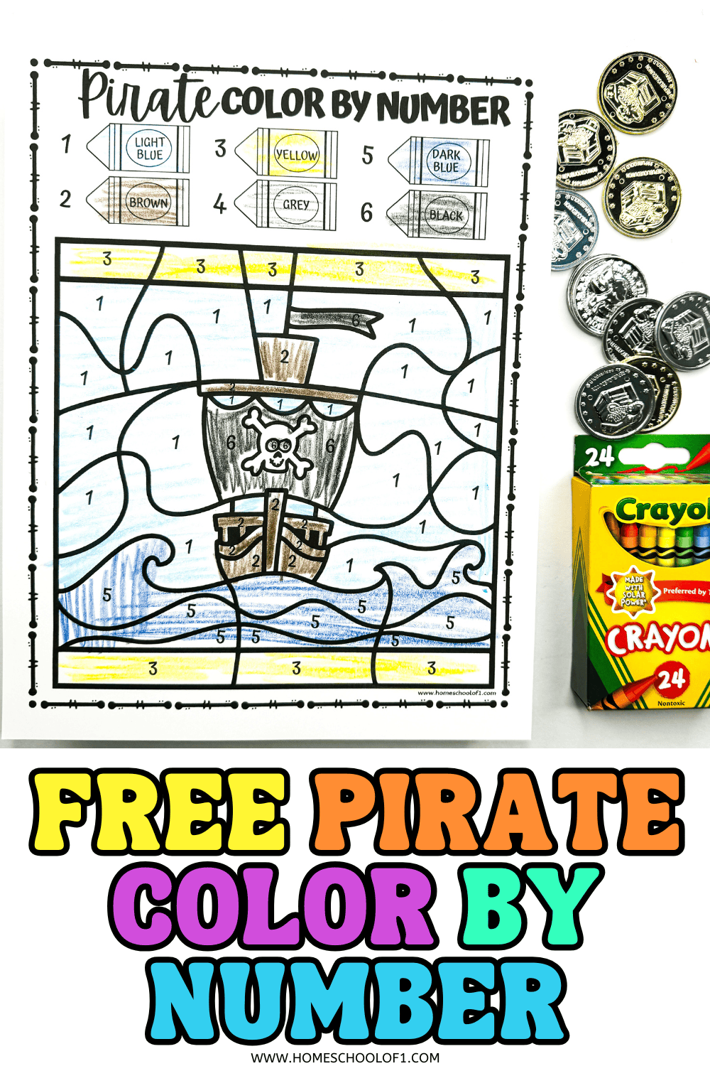 Completed pirate color by number worksheet featuring a pirate ship with skull and crossbones, alongside play coins and a 24-pack of Crayola crayons.
