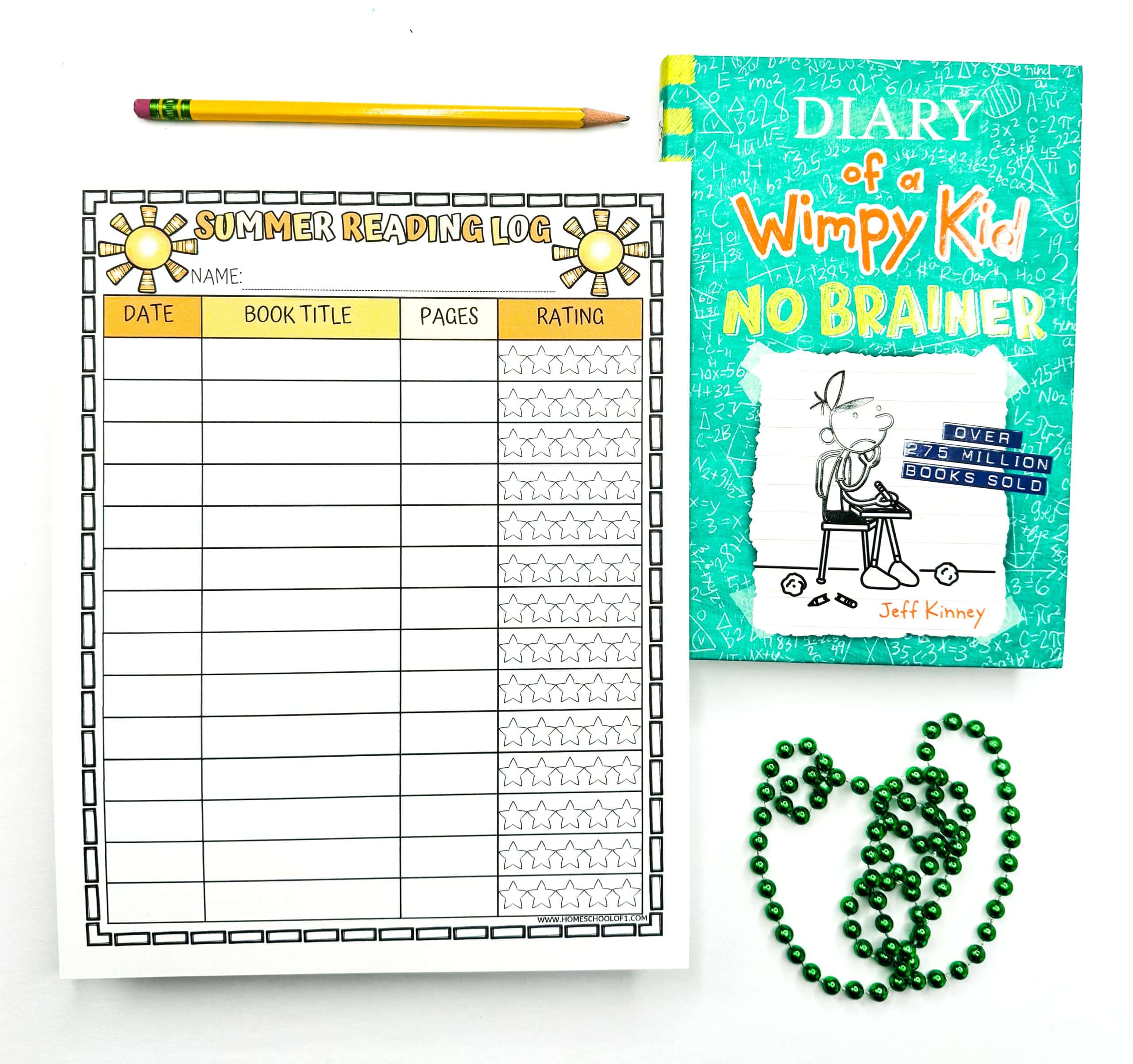 A bright and cheerful "Summer Reading Log" printable with a yellow-orange sun-themed header and columns for date, book title, pages, and a star rating system. The log is placed beside a yellow pencil and a copy of Diary of a Wimpy Kid: No Brainer by Jeff Kinney, along with a green beaded necklace arranged playfully on a white surface.