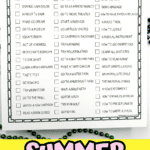 A bright printable titled “Summer Bucket List” featuring 45+ summer activity ideas split into Indoor, Outdoor, and Learn categories. Surrounded by beads and bright colors, with text at the bottom reading “SUMMER BUCKET LIST PRINTABLE” on a yellow background.