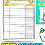 A brightly colored “Summer Reading Log” printable with columns for date, book title, pages read, and star ratings. It’s paired with a yellow pencil, a copy of “Diary of a Wimpy Kid: No Brainer,” and green beaded string, with text below reading “FREE SUMMER READING LOG.”