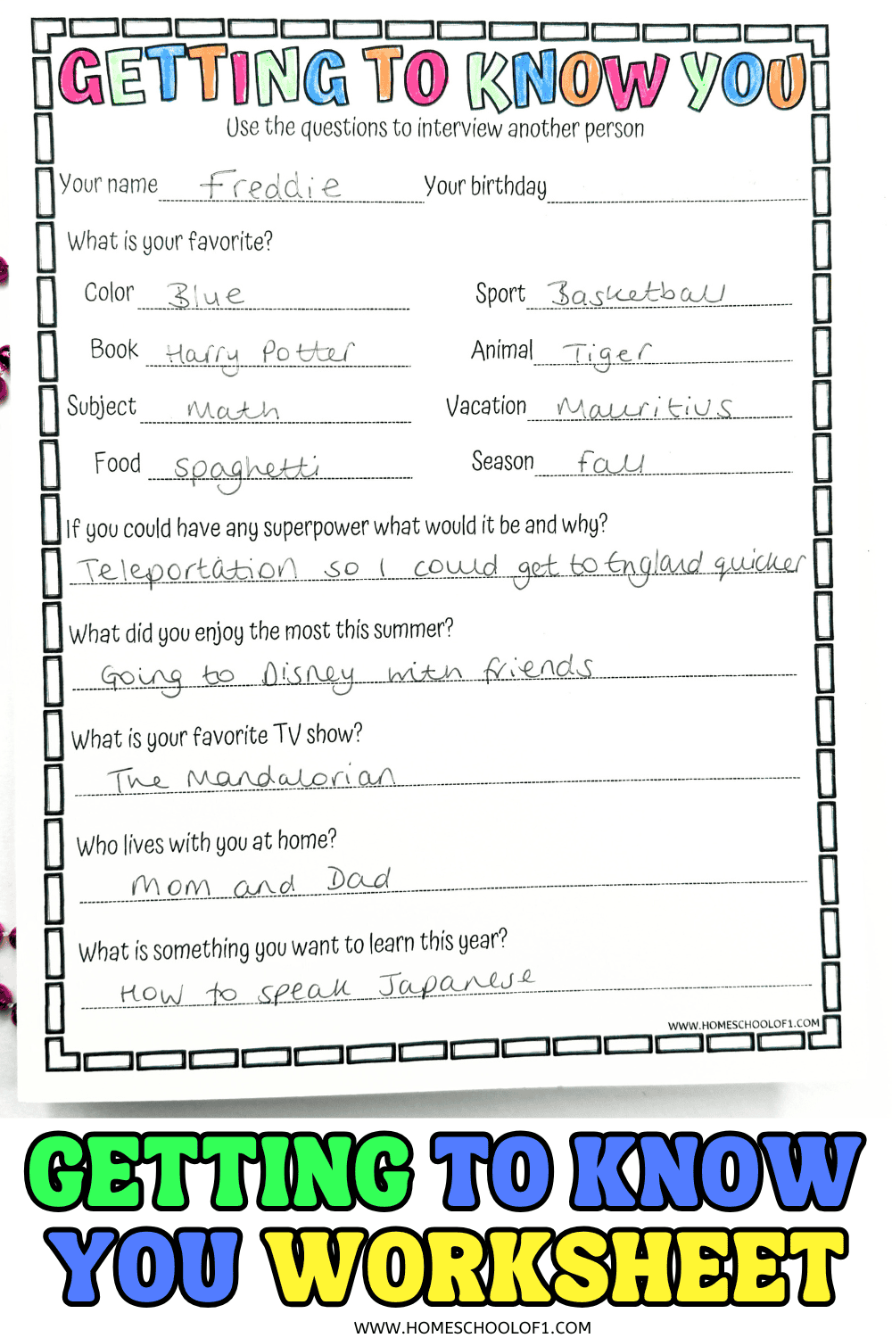 Printable Getting to Know You activity sheet for kids to share favorites, superpowers, and fun facts at school or home.