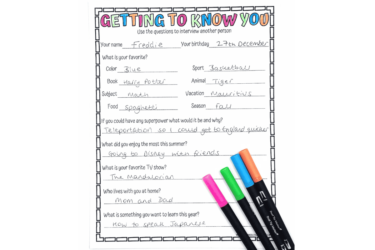 Colorful “Getting to Know You” interview worksheet for kids with prompts about favorites, family, superpowers, and fun facts.