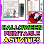 Colorful collage of Halloween printable activities for kids featuring a word scramble, treasure hunt clue, story-based mad libs, Scattergories, coloring pages, and a matching game.